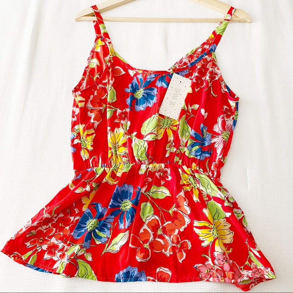 NWT Gorgeous Sienna Sky Red Bold Floral Print Tied Waist Tank Top - Picture 6 of 9